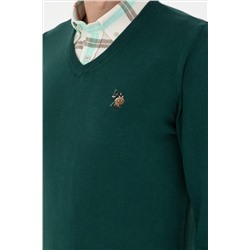 Erkek Slim Fit V Yaka Yeşil Basic Kazak