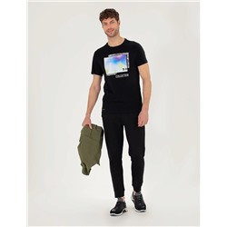 Siyah Slim Fit Baskılı Bisiklet Yaka Tişört