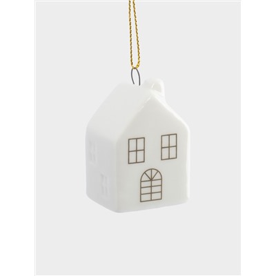 Игрушка елочная, 6 см, фарфор P, бело-золотистая, Дом, New year