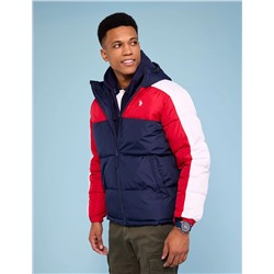 TRI COLOR BLOCK HOODED PUFFER JACKET