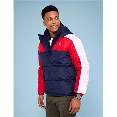 TRI COLOR BLOCK HOODED PUFFER JACKET