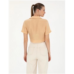Bej Keten Karışımlı Slim Fit Crop Gömlek
