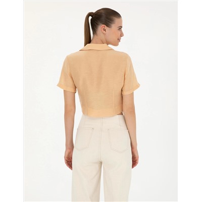 Bej Keten Karışımlı Slim Fit Crop Gömlek