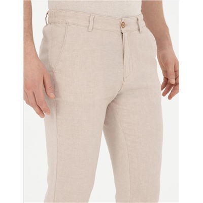 Bej Slim Fit Keten Karışımlı Kanvas Pantolon