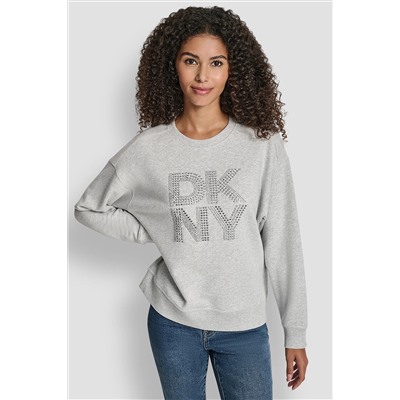 DKNY NEW YORK STACKED MIXED RHINESTONE LOGO SWEATSHIRT