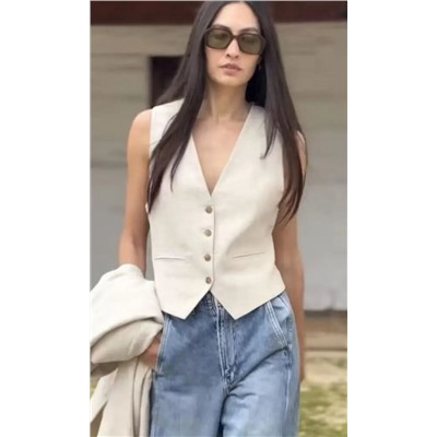 Жилет в стиле «пригородный», из смеси хлопка и льна,