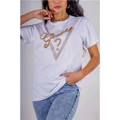 Футболка "Guess" с треугольником стразы, камешки, бусины