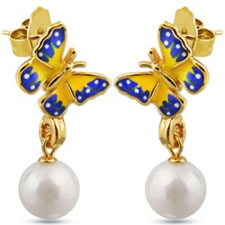 Серьги (эмаль желтая, синяя, жемчуг белый; покрытие: золото)