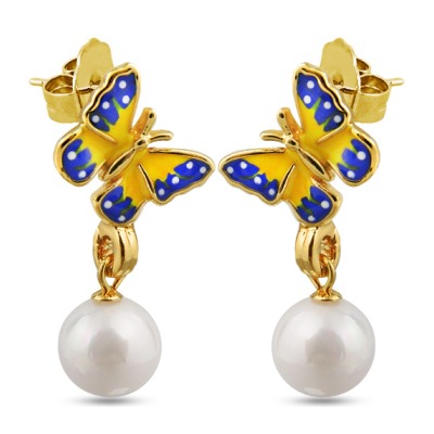 Серьги (эмаль желтая, синяя, жемчуг белый; покрытие: золото)