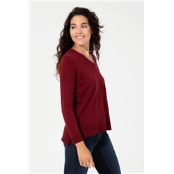 Kadın Bordo V - Yaka Basic Kazak
