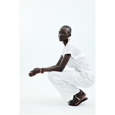 LINEN BLEND BELTED BLOUSE