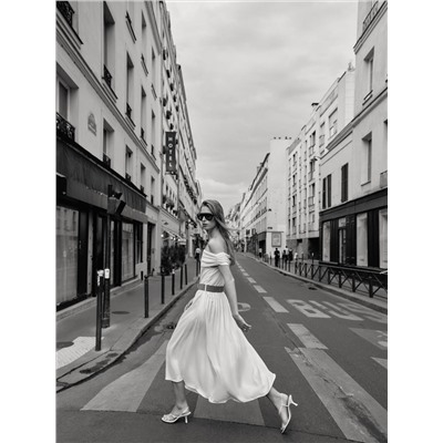 OFF-THE-SHOULDER CONTRAST MIDI DRESS WITH BELT