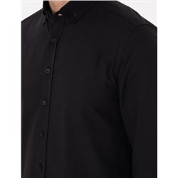 Siyah Keten Görünümlü Slim Fit Uzun Kollu Gömlek