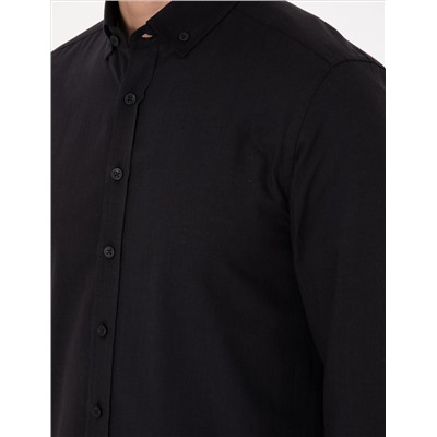 Siyah Keten Görünümlü Slim Fit Uzun Kollu Gömlek