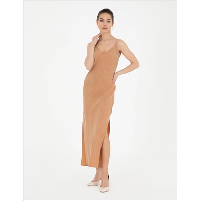 Kahverengi Slim Fit Yırtmaçlı Dokuma Elbise