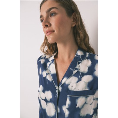 Pijama camisero largo viscosa floral azul