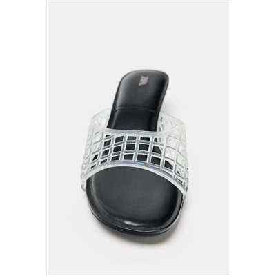 RUBBERISED-EFFECT KITTEN HEEL MULES