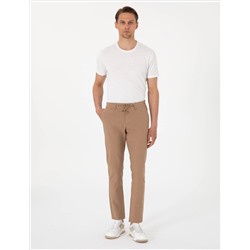 Kahverengi Slim Fit Keten Karışımlı Beli Lastikli Kanvas Pantolon