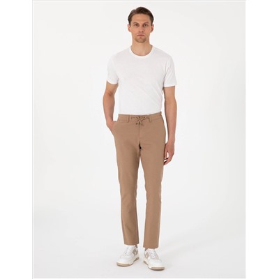 Kahverengi Slim Fit Keten Karışımlı Beli Lastikli Kanvas Pantolon