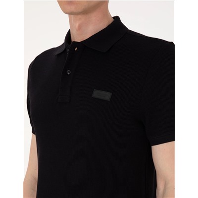 Siyah Slim Fit Örme Dokulu Polo Yaka Tişört