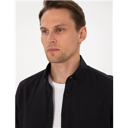 Siyah Keten Görünümlü Slim Fit Uzun Kollu Gömlek