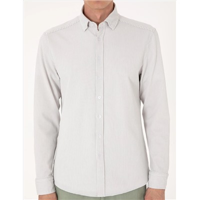 Gri Slim Fit Çizgili Uzun Kollu Gömlek