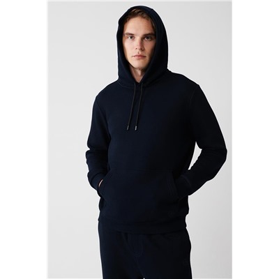Lacivert Kapüşonlu Yaka İçi Polarlı 3 İplik Pamuklu Regular Fit Standart Kesim Unisex Sweatshirt