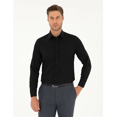 Siyah Slim Fit Armürlü Uzun Kollu Gömlek
