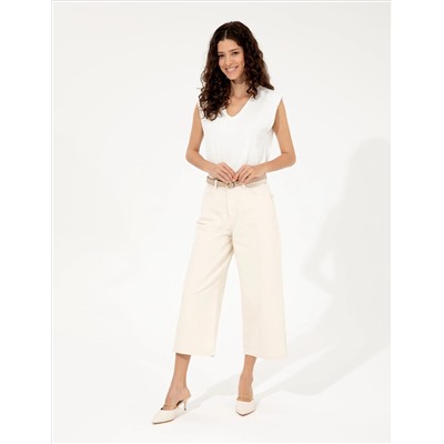 Bej Flare Cropped Jean Pantolon