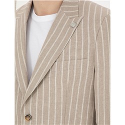Açık Kahverengi Slim Fit Keten Çizgili Ceket