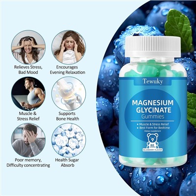 Magnesium Glycinate Gummies 500mg, Sugar-Free for Adults & Kids, Magnesium Gummies for Sleep, Stress & Muscle Relief, Supports Bone & Nerve Health, Vegan, Pectin-Based, 60 Count, Blueberry Flavor