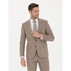 Bej Çizgili Ekstra Slim Fit Yün Takım Elbise