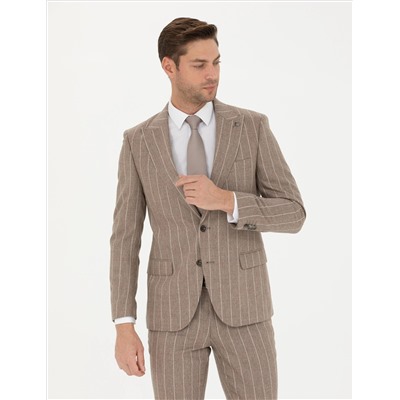 Bej Çizgili Ekstra Slim Fit Yün Takım Elbise