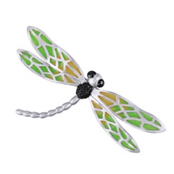 Брошь Стрекоза 8см (эмаль зеленая, желтая; покрытие матовый родий), Есть комплект