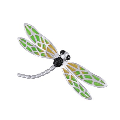 Брошь Стрекоза 8см (эмаль зеленая, желтая; покрытие матовый родий), Есть комплект
