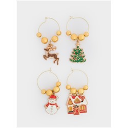 Подвеска для бокала, 4 шт, металл/стразы, Новогодние символы, New year