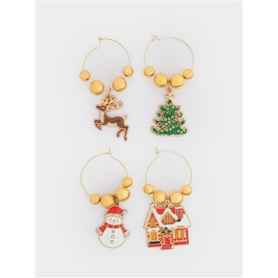 Подвеска для бокала, 4 шт, металл/стразы, Новогодние символы, New year