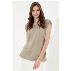 Kadın Haki Bisiklet Yaka Kolsuz Tişört