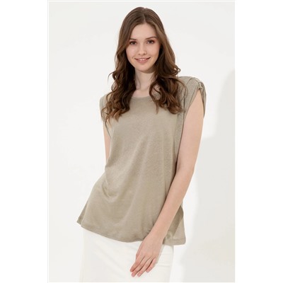 Kadın Haki Bisiklet Yaka Kolsuz Tişört