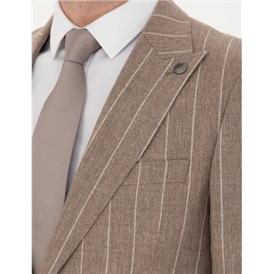 Bej Çizgili Ekstra Slim Fit Yün Takım Elbise