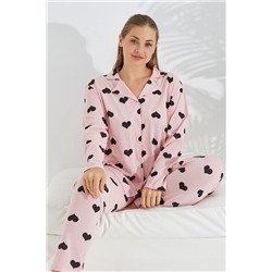 Siyah İnci somon kalp desen Curve Büyük Beden Battal boy Düğmeli Pamuklu Pijama Takımı 7617