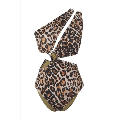 Trendyolmilla Leopar Desenli Tek Omuz Tünelli Cut Out/Pencereli Regular Core Mayokini TBESS23MA00206