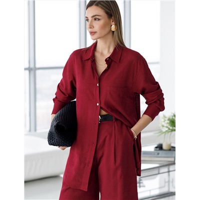 Свободная удлиненная блузка с карманом изо льна с вискозой