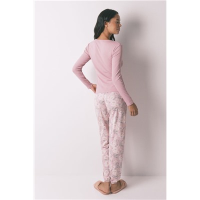 Pijama largo algodón estampado floral rosa