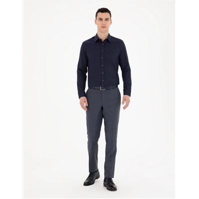 Lacivert Slim Fit Armürlü Uzun Kollu Gömlek