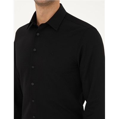Siyah Armürlü Slim Fit Uzun Kollu Gömlek