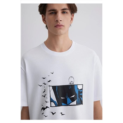 Mavi Batman Baskılı Beyaz Tişört Loose Fit / Bol Rahat Kesim 0612568-620