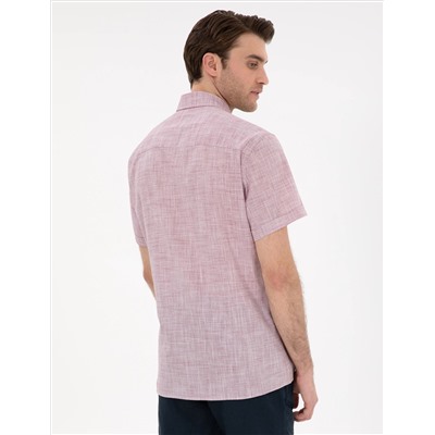 Bordo Keten Görünümlü Regular Fit Kısa Kollu Gömlek