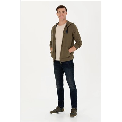 Erkek Haki Kapüşonlu Örme Hırka