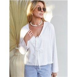 Укороченная свободная блузка с завязками и с V-вырезом изо льна с вискозой